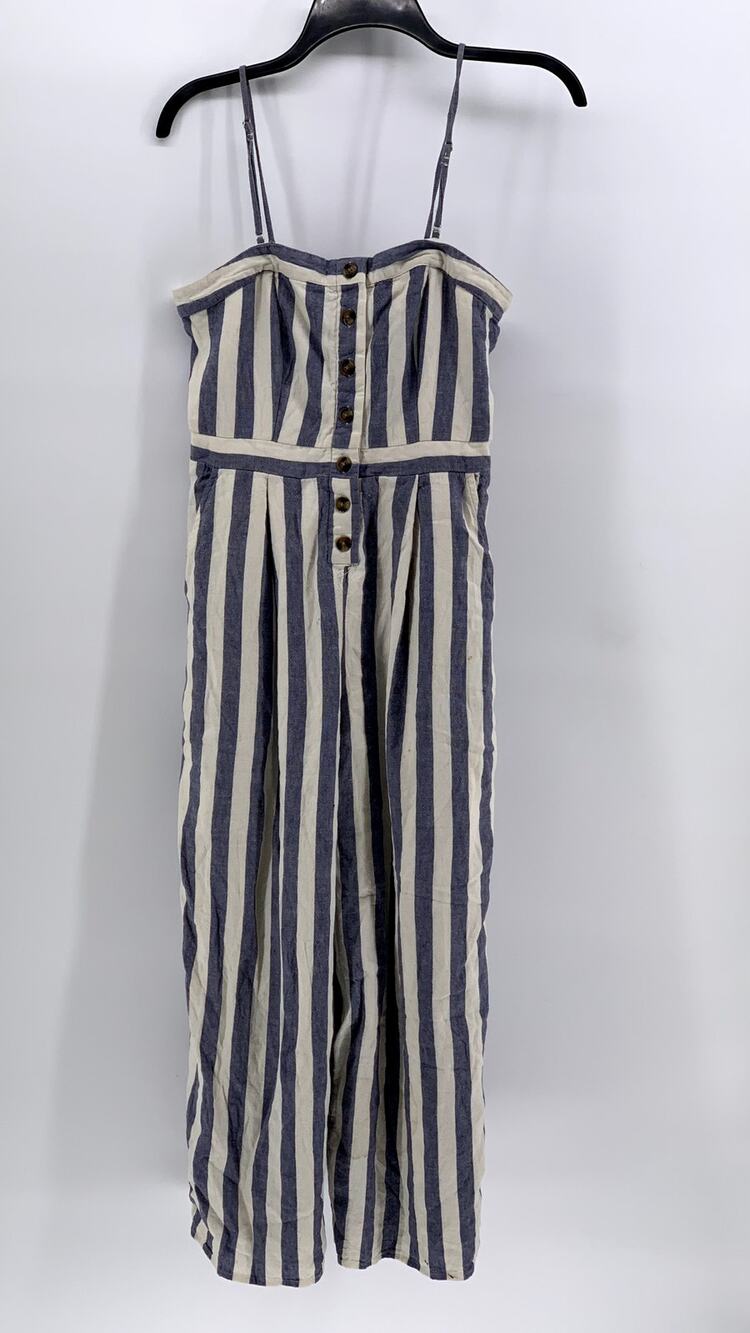 AMERICAN EAGLE Women's White-Blue Striped One-Piece Jumpsuit SZ S